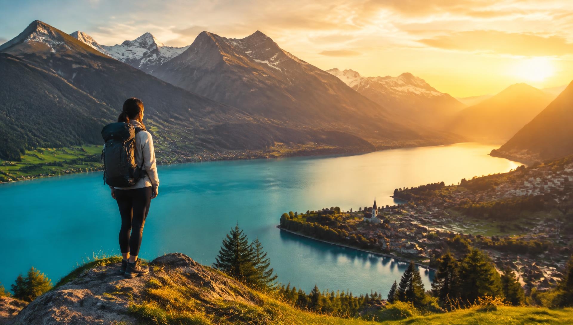 Traveler overlooking an alpine lake at sunset